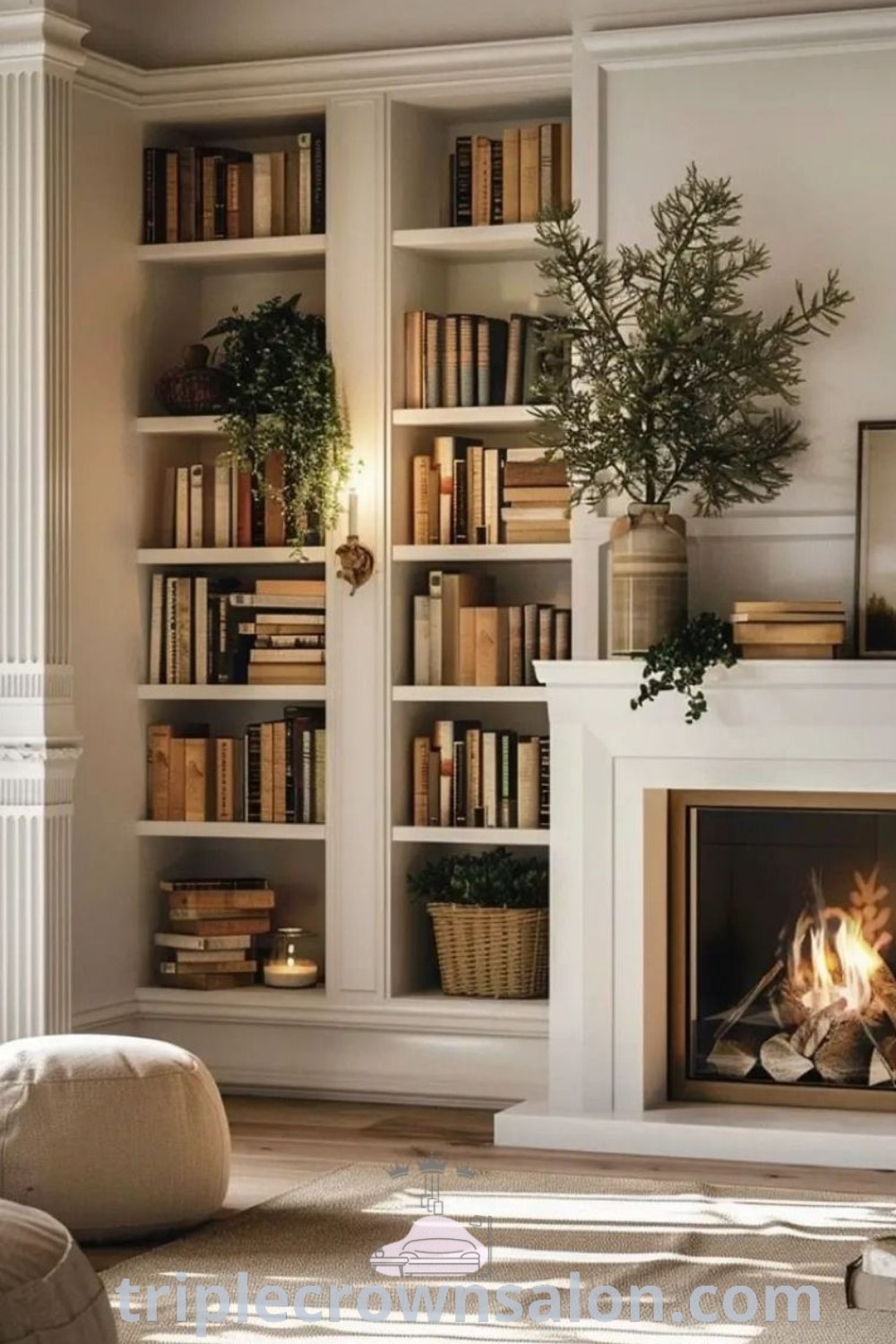 A cozy living room showcasing built-in shelves filled with books, a central fireplace, and thoughtful decor ideas for creating a warm and inviting atmosphere. The space inspires unique ideas for your home with a focus on fireplace design and living room built ins. Discover more decor tips at triplecrownsalon.com.