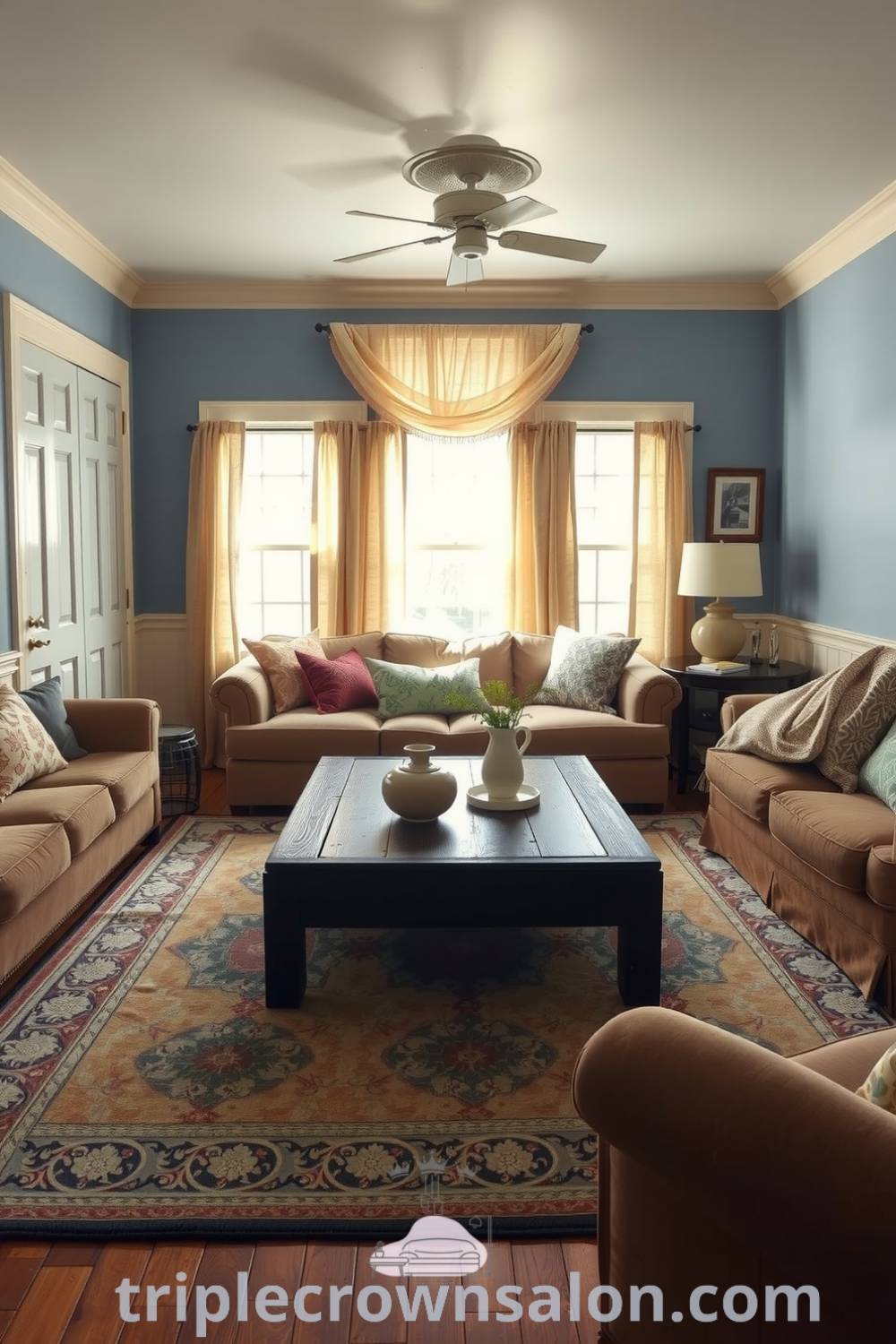 Cozy living room with soft blue walls, a faded area rug, reclaimed wood coffee table, and overstuffed sofas, creating a warm and inviting atmosphere, perfect for family gatherings. Discover cozy ideas and decor inspirations at fireplacesandwoodstoves.com.