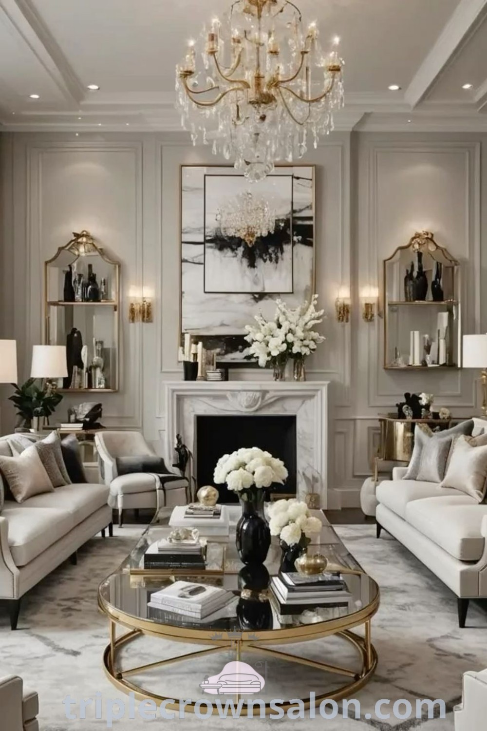 A luxurious neo classic living room with elegant furniture, a chandelier over the fireplace, and modern luxury home decor. This stylish room offers cozy ideas for creating an inviting space, providing inspiring decor ideas for your home. Explore more at wellnesswink.com.