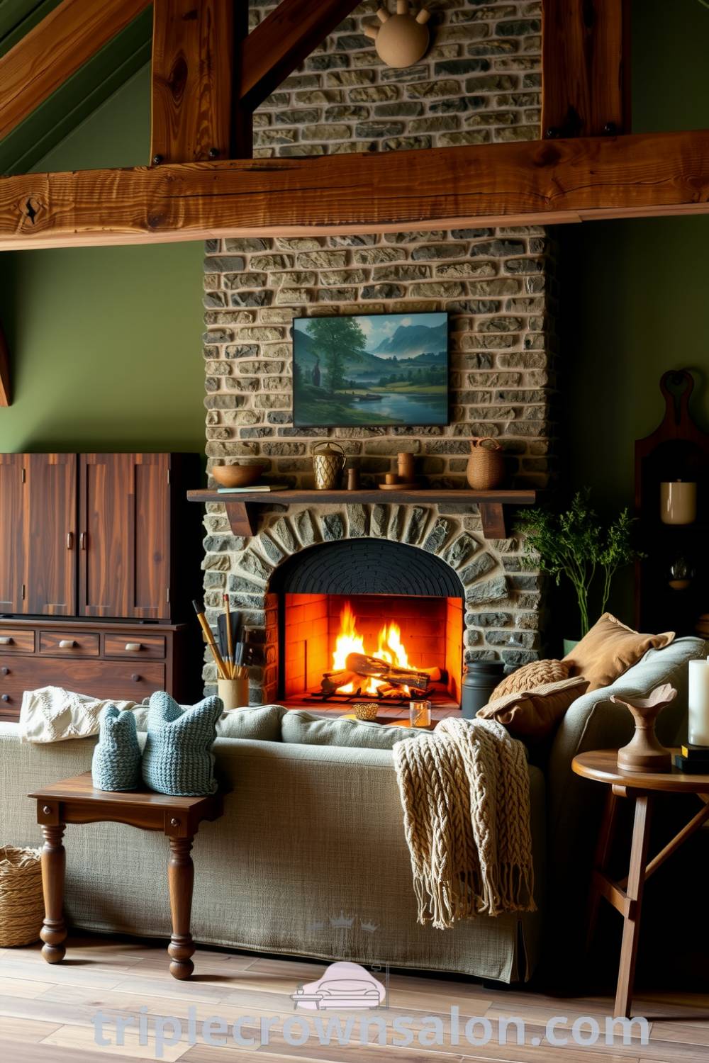 Rustic living room featuring soft green hues, a large stone fireplace, an overstuffed couch with hand-knit blankets, and vintage wooden accents, creating warm and inviting decor ideas for a cozy home environment at fireplacesandwoodstoves.com.