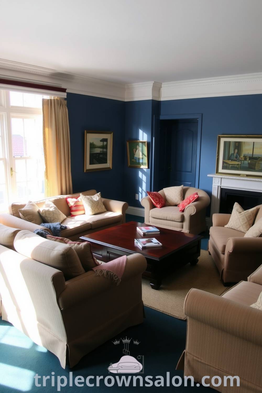 Cozy living room with rich blue walls, overstuffed couches, a wooden coffee table, and warm sunlight filtering through sheer curtains, showcasing decor ideas that inspire a tranquil and inviting home atmosphere, featuring unique ideas for your home from fireplacesandwoodstoves.com.