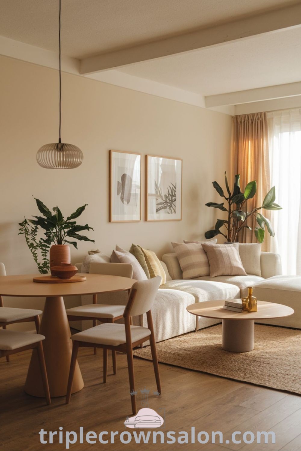 A small living room with a round dining table, showcasing cozy home decor and design ideas for small apartments. This inviting space embodies optimal use of small areas, offering unique ideas and inspirations for house or apartment settings. Discover more decor ideas for small spaces at triplecrownsalon.com.