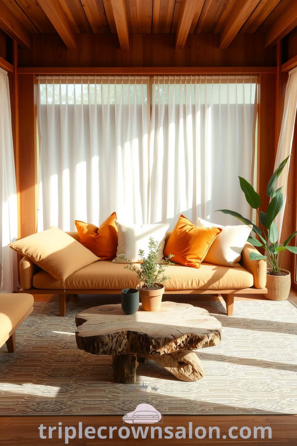 Japandi living room featuring warm orange tones, rich wood textures, plush cushions, a handmade coffee table, potted greenery, and gentle sunlight filtering through sheer curtains, creating a cozy aesthetic and inspiring decor ideas for small spaces. Visit triplecrownsalon.com for more unique ideas.