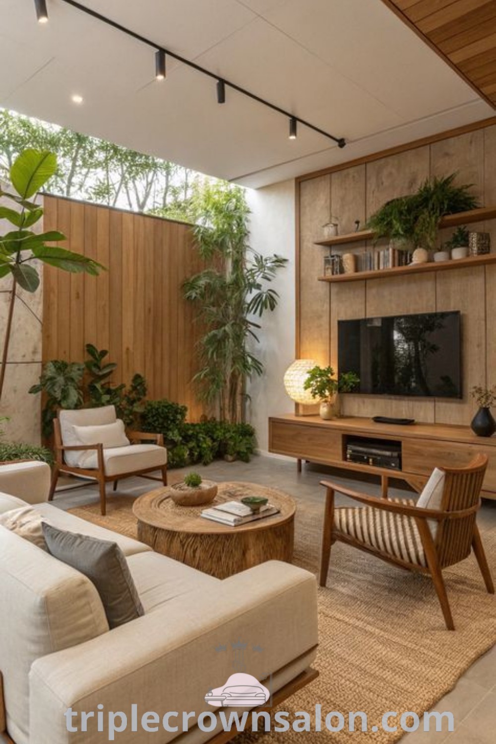 A modern living room featuring light wood furniture and a flat screen TV on a wooden wall, embodying the earthy aesthetic with cozy elements and organic decor ideas. Discover unique inspirations for your home at triplecrownsalon.com.