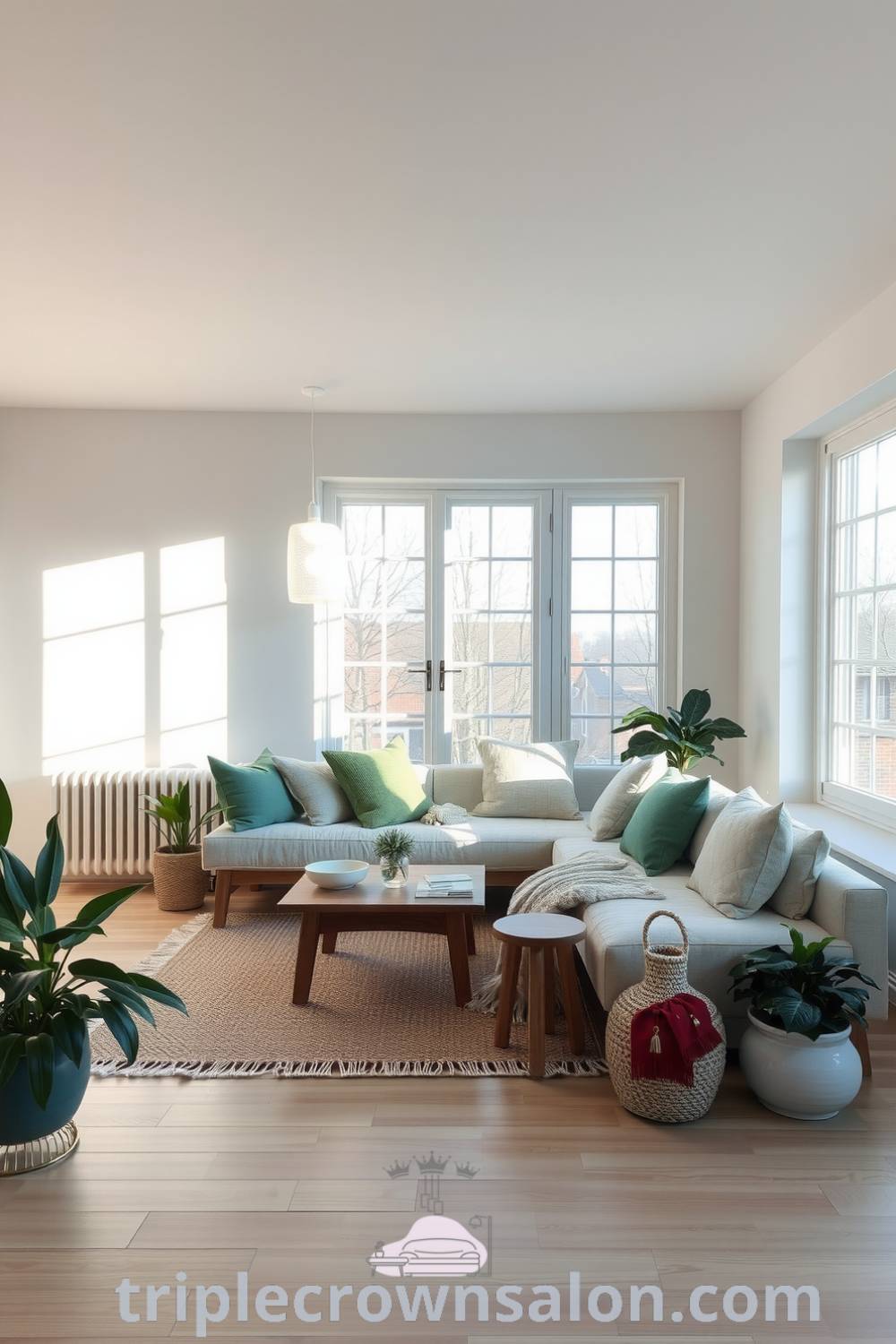Scandinavian living room featuring soft green accents, light wood furniture, a cozy overstuffed sofa with plush cushions, large windows for natural light, a handwoven rug, and potted plants, presenting inspiring cozy ideas for homes at triplecrownsalon.com.