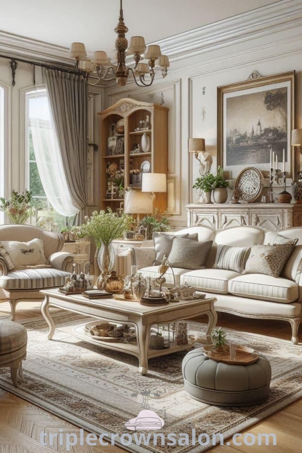 A cozy French Country living room filled with furniture and lots of windows, showcasing vintage and modern decor ideas for a warm and inviting atmosphere. This space offers inspirations for cozy home aesthetics, blending elegance with comfort. Explore more unique ideas at triplecrownsalon.com.
