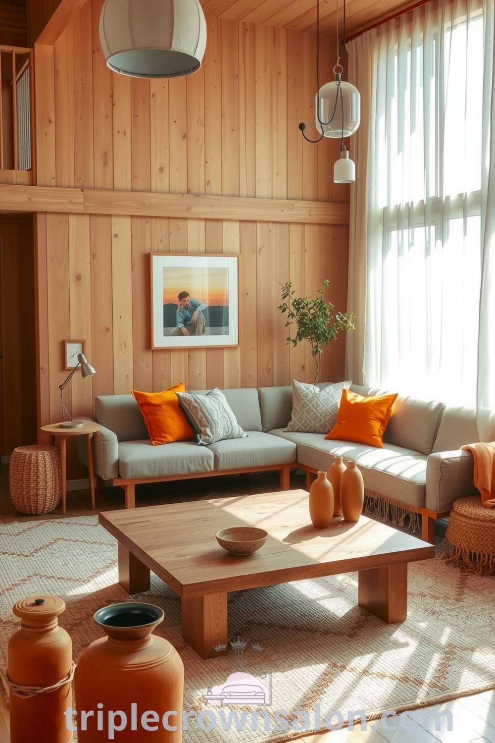 Cozy Japandi living room featuring natural wood, soft orange accents, low wooden coffee table, plush cushions, textured rugs, handmade pottery, and plants, creating a warm and inviting atmosphere for your home. Visit triplecrownsalon.com for more inspiring decor ideas.