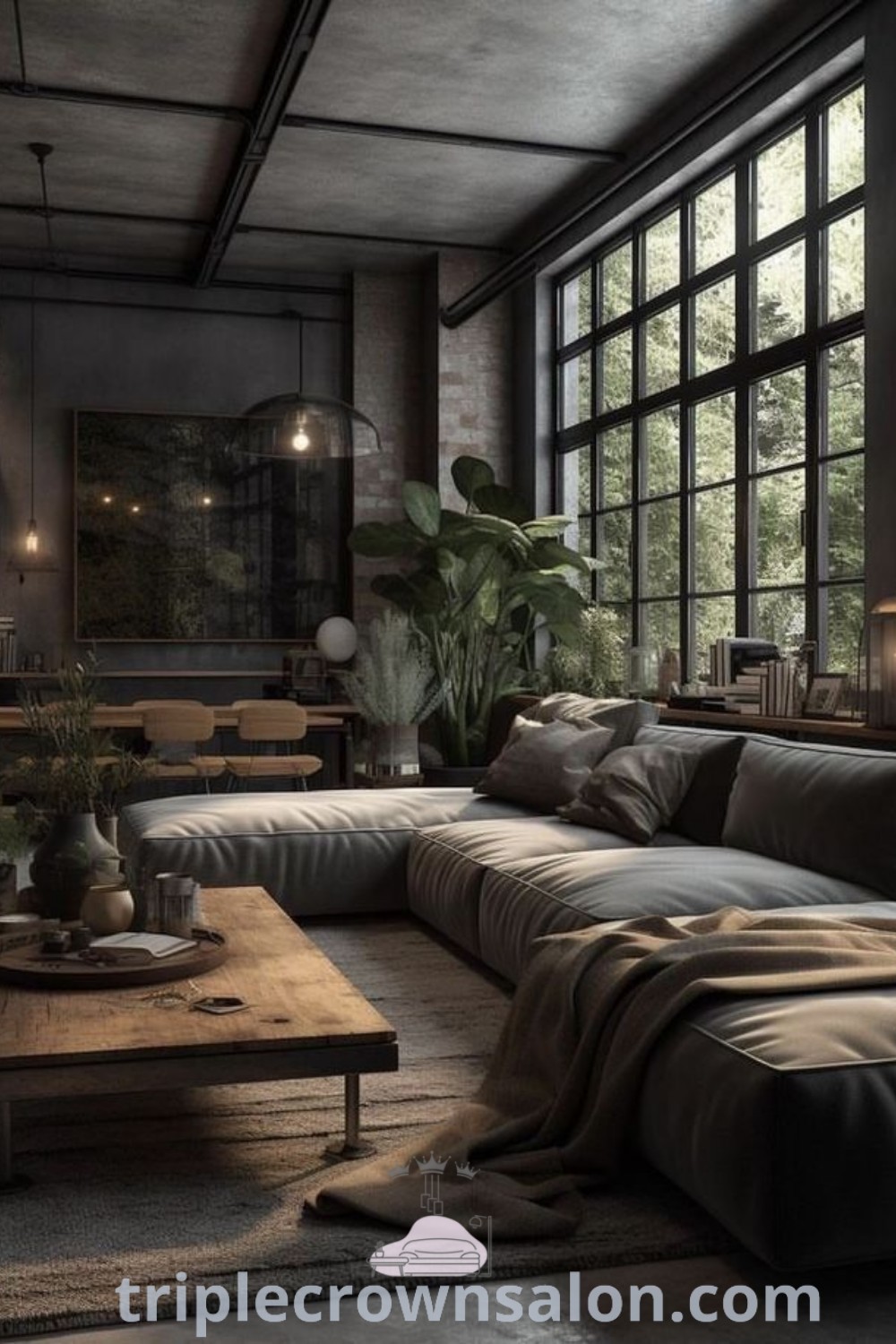 A living room featuring a Dark Forest aesthetic with oversized furniture and large windows, creating a cozy and moody interior design. The decor incorporates charcoal and copper elements, reflecting unique ideas for your home. Discover more inspiring decor ideas at triplecrownsalon.com.