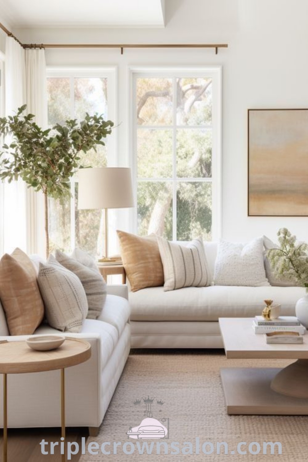 A cozy living room featuring white furniture and pillows, embodying a neutral design aesthetic. This inviting space is perfect for decor inspirations with clean lines and warm textures, offering unique ideas for a cozy home. Discover more at triplecrownsalon.com.