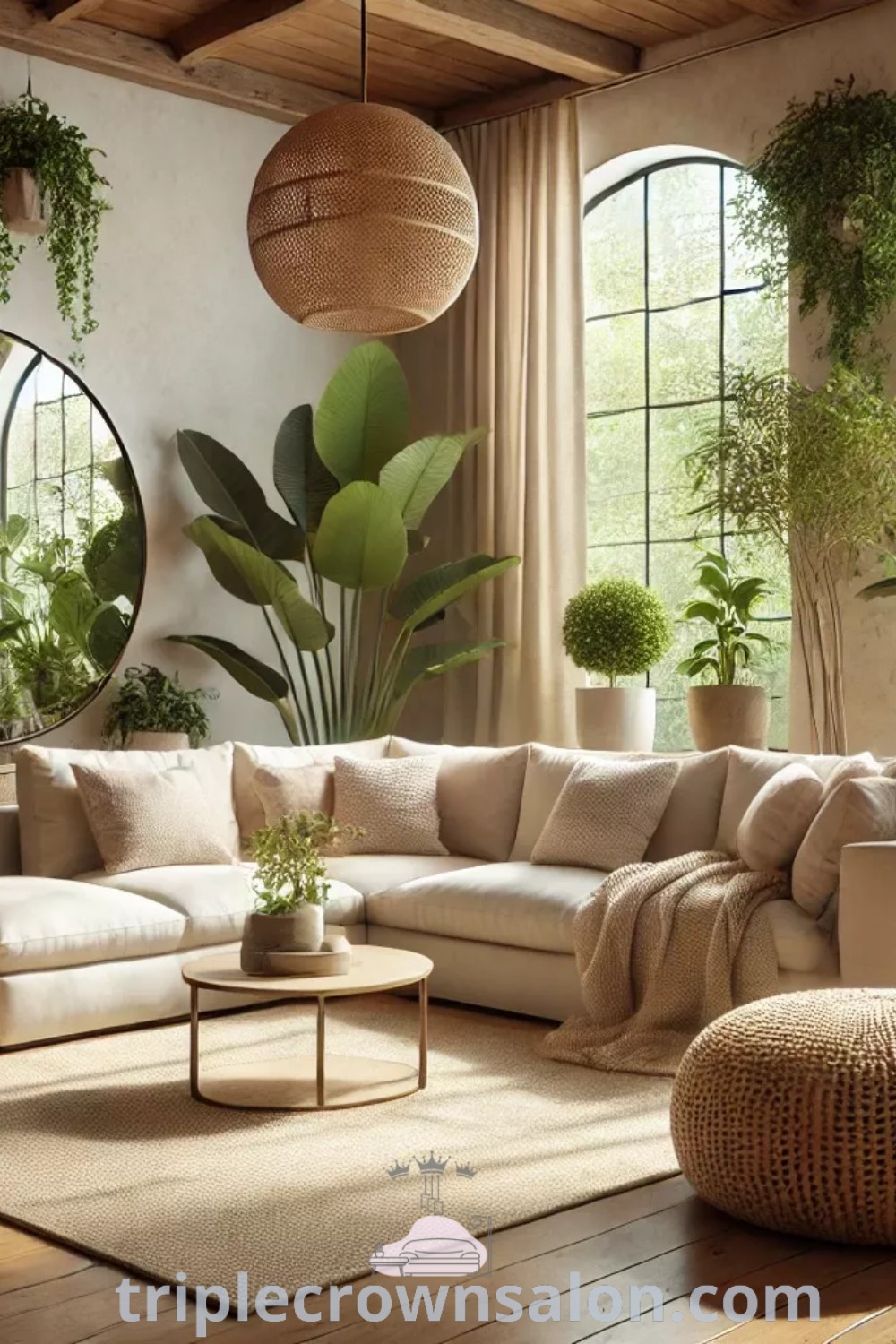A stylish rustic bohemian living room filled with lots of plants, featuring wood tones and eclectic decor elements. This cozy home showcases modern luxury design and boho interior inspirations, offering unique ideas for your living space. Explore more decor ideas at triplecrownsalon.com.