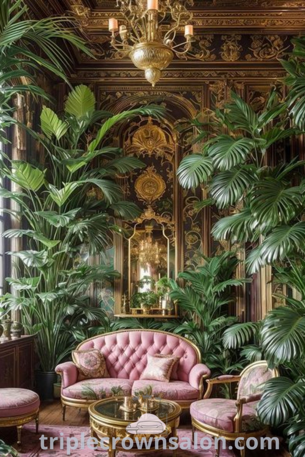 A vibrant maximalist living room filled with plants, eclectic furniture, and unique decor ideas, showcasing a cozy aesthetic. This inspiring space highlights the beauty of maximalism, blending comfort with trendy design tips. Discover more decor inspirations at triplecrownsalon.com.