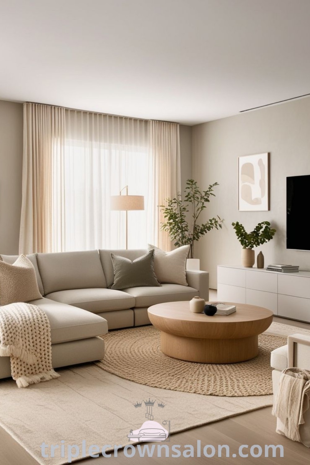 A warm neutral living room showcasing tan floors, a Sherpa couch, a flat screen TV over a wooden coffee table, and minimalist decor. This space provides cozy ideas and unique decor inspirations for small spaces, perfect for elevating your home