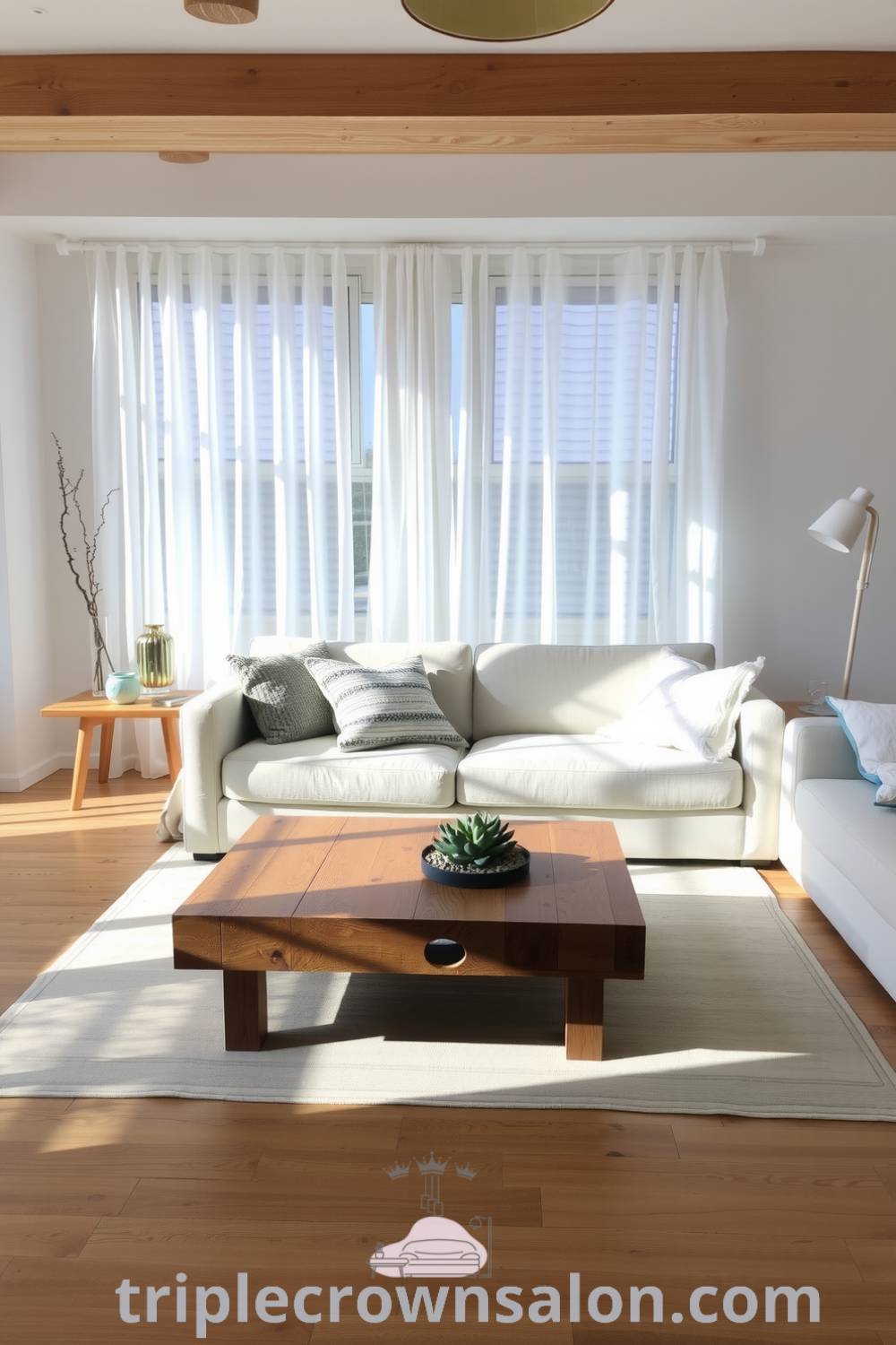 Scandinavian living room featuring soft blue tones, natural wood accents, a plush light-colored sofa with textured cushions, and a reclaimed wood coffee table adorned with succulents, creating a cozy aesthetic perfect for home inspiration, from triplecrownsalon.com.