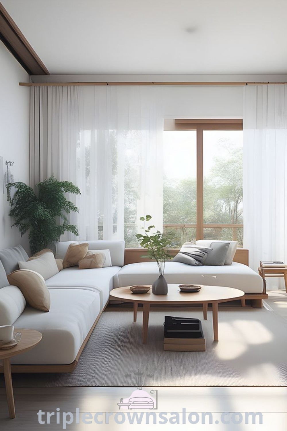 A modern Japandi living room filled with elegant furniture, a serene plant on a wooden coffee table, embodying a cozy aesthetic. Discover design trends and decor ideas for small spaces at triplecrownsalon.com, showcasing how to create inspiring and functional living areas.
