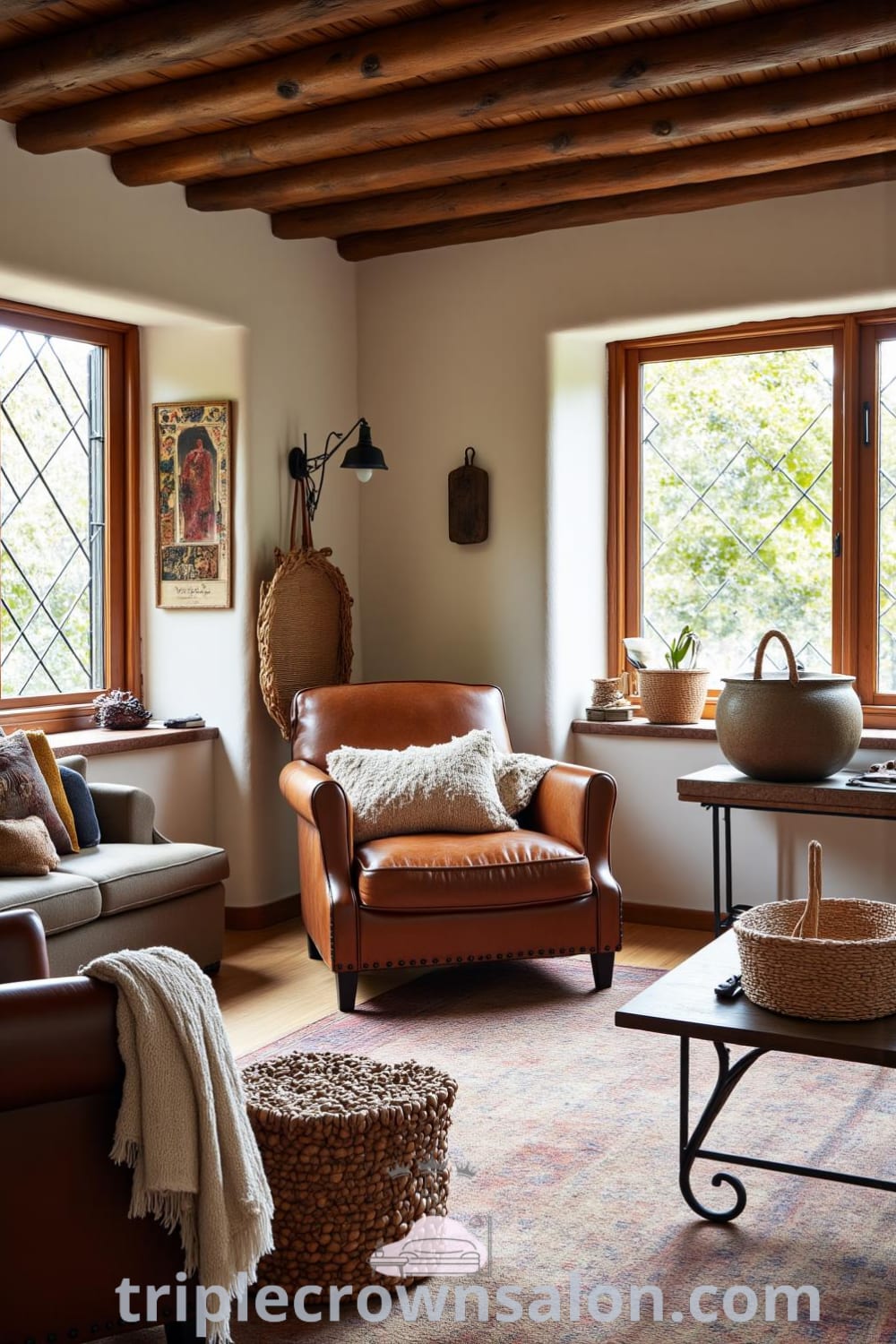 Cozy rustic living room with warm earthy tones, featuring a leather armchair, antique coffee table, and wooden beams, illuminated by sunlight through leaded glass windows, showcasing decor inspirations and ideas for your home from fireplacesandwoodstoves.com.