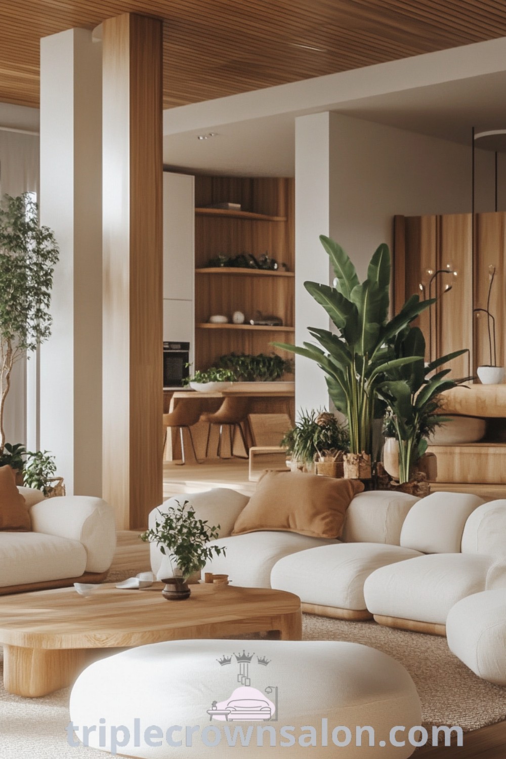 A serene Zen modern living room featuring a warm color palette, stylish decor, and natural light, enhanced with plants to create a cozy atmosphere. This inspiring design showcases ideas for your home, perfect for small spaces and modern aesthetics. Discover unique decor inspirations at triplecrownsalon.com.