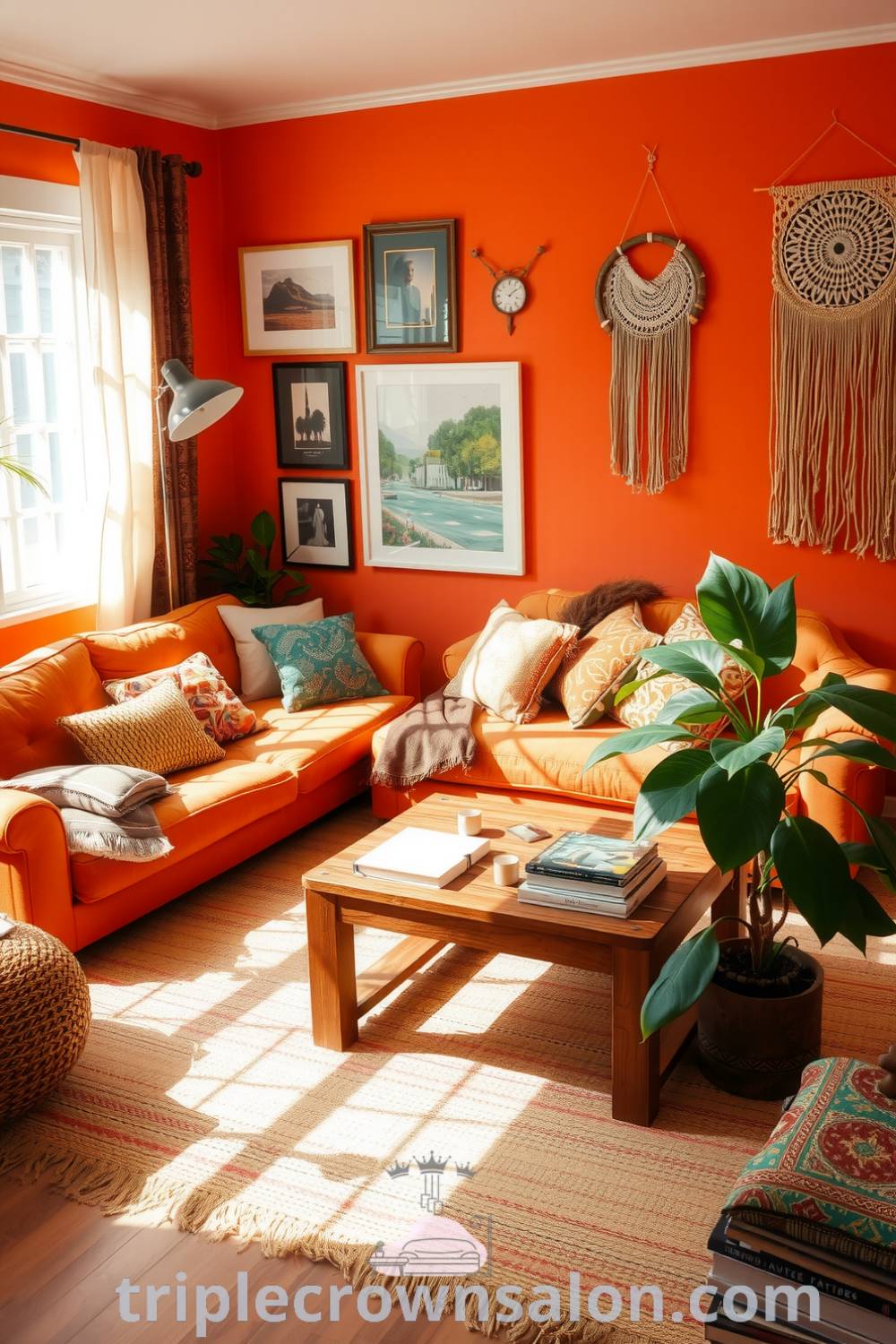 Boho living room with orange decor featuring a well-worn sofa with textured cushions, eclectic artwork, macramé wall hangings, a jute rug, and a cozy wooden coffee table, ideal for inspiring unique decor ideas on fireplacesandwoodstoves.com.
