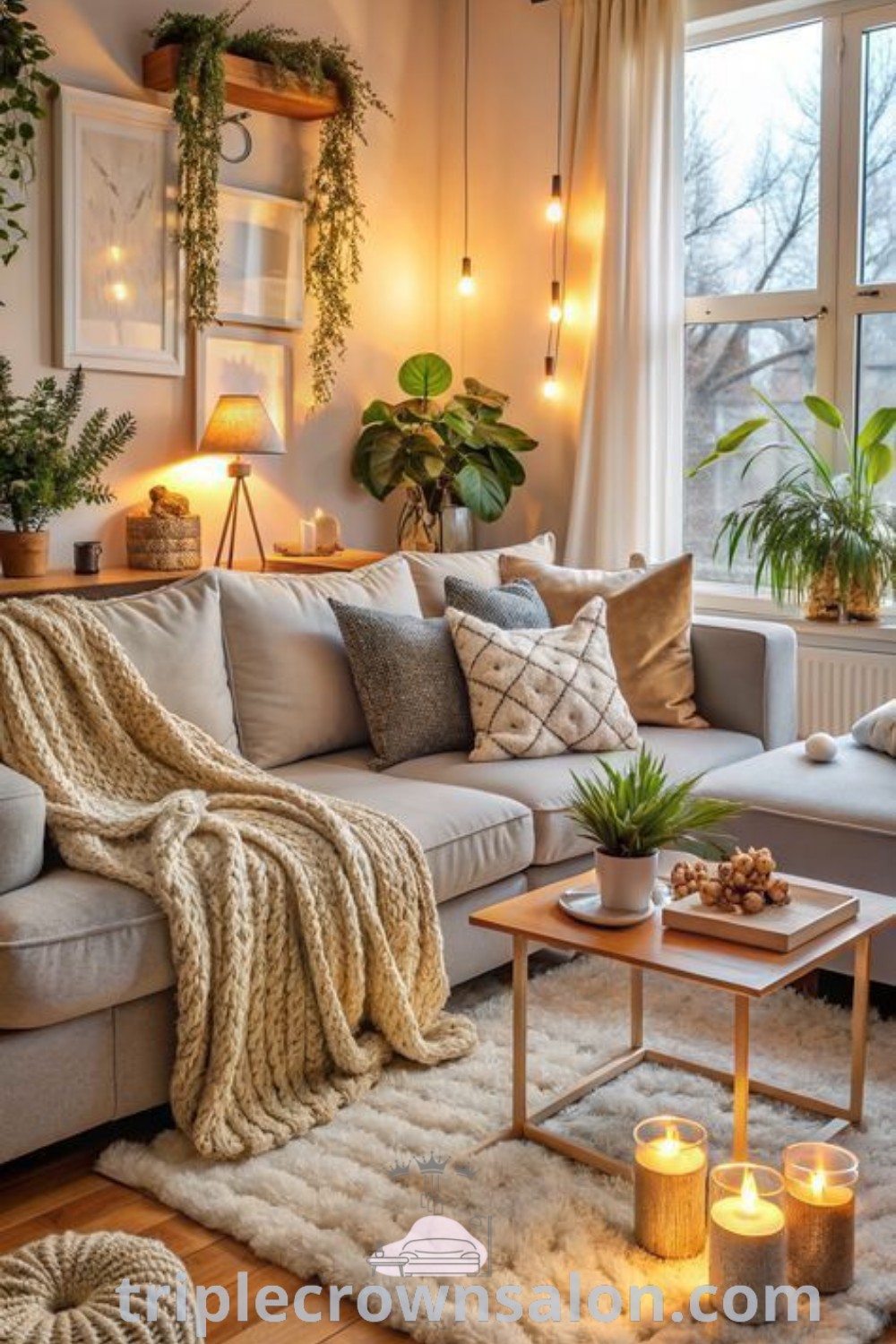 A cozy living room filled with furniture and candles, embodying a boho living room aesthetic. This design offers unique ideas for your home and inspiring decor inspirations, creating a warm and inviting atmosphere. Discover more at wellnesswink.com.