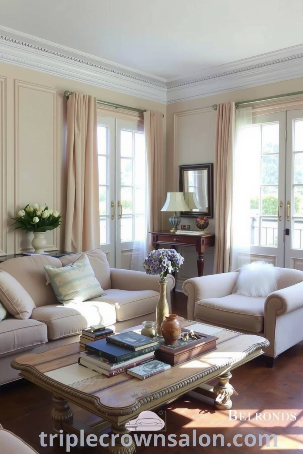 Elegant French living room with soft cream walls, rustic wooden floor, plush pastel sofa, weathered coffee table, well-loved books, fresh flowers, and sheer curtains, creating a cozy and inviting atmosphere. Visit triplecrownsalon.com for cozy ideas and decor inspirations.
