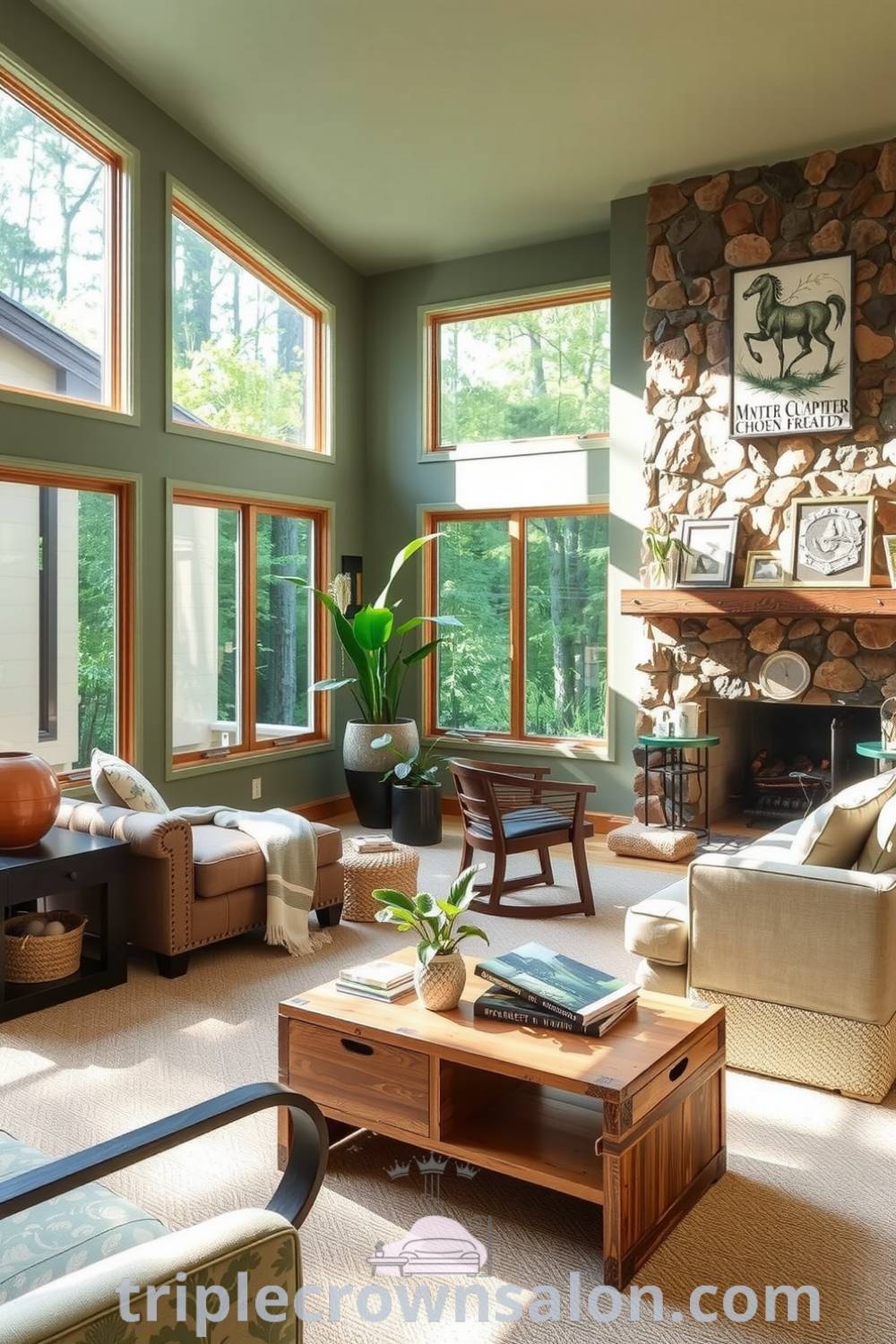 Cozy nature-inspired living room featuring soft green walls, a plush beige couch with floral cushions, a rustic reclaimed wood coffee table, a stone fireplace, and potted plants, providing cozy ideas and inspiring decor ideas for creating a tranquil aesthetic at home. Visit triplecrownsalon.com for more unique ideas.