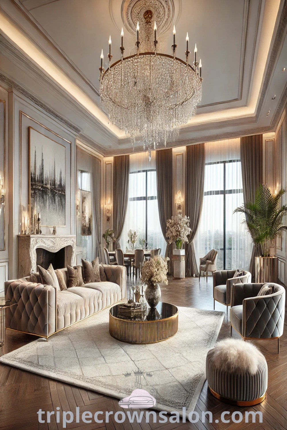 An elegant living room featuring a luxurious chandelier, cozy couches, and Rococo design elements that embody the concept of quiet luxury. This space showcases decor ideas for a luxurious living room, blending comfort and style seamlessly. Discover inspiring design ideas for your home at wellnesswink.com.