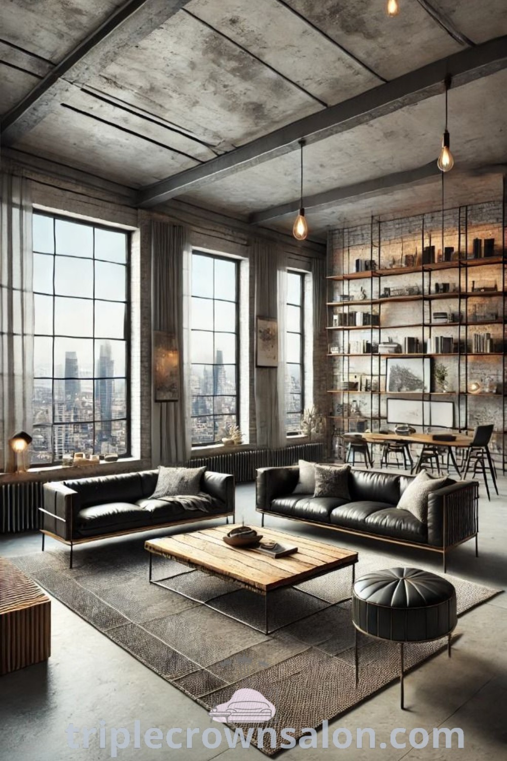 An industrial living room featuring various furniture next to large windows, showcasing polished concrete floors and a coffee table with metal legs. This unique design represents inspiring industrial style decor ideas for your home, perfect for both house or apartment settings. Discover more decor inspirations at triplecrownsalon.com.