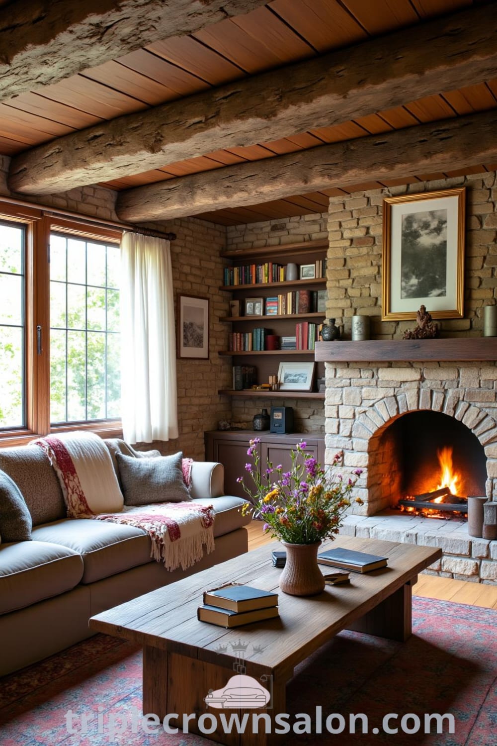 A rustic living room with wooden beams, a stone fireplace glowing with embers, a large couch draped in a quilt, aged timber coffee table with books and wildflowers, showcasing cozy ideas for home decor inspirations at fireplacesandwoodstoves.com.