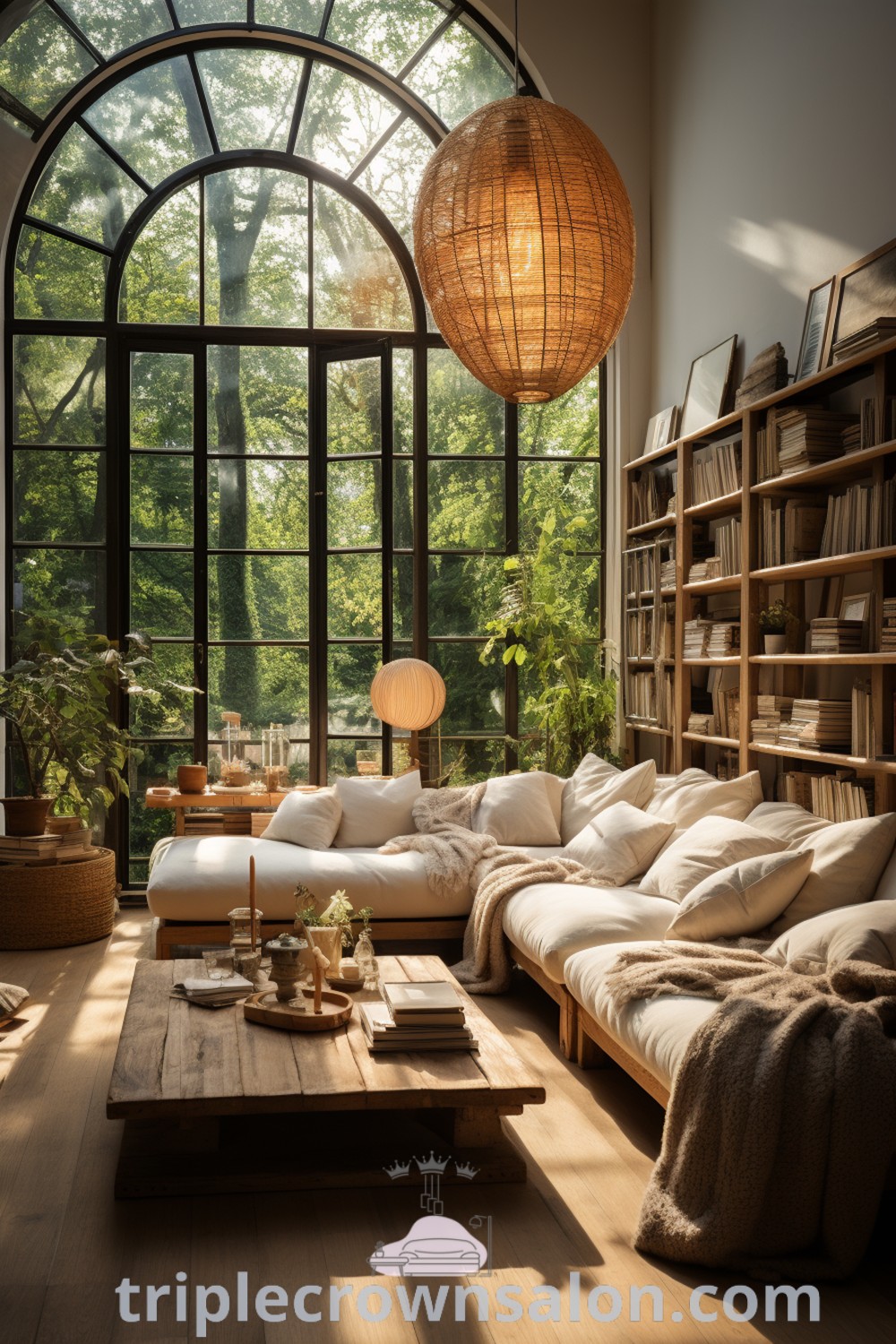 A cozy living room filled with eclectic furniture, large windows, and a plant-inspired home decor vibe. This space reflects natural chic living room design, offering earthy aesthetic inspirations and unique decor ideas for a warm atmosphere. Explore more at wellnesswink.com.
