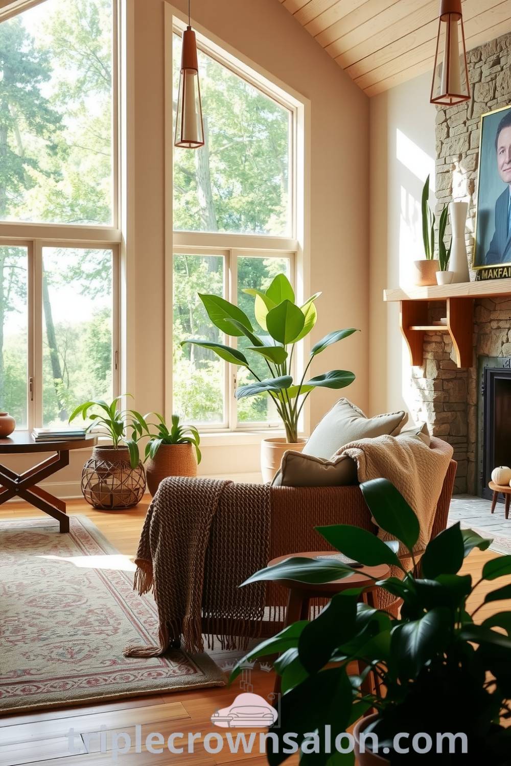 Bright and cozy nature-inspired living room featuring large windows, soft earthy tones, natural wood furniture, stone accents, and vibrant houseplants. For additional decor inspirations and unique ideas, visit triplecrownsalon.com.