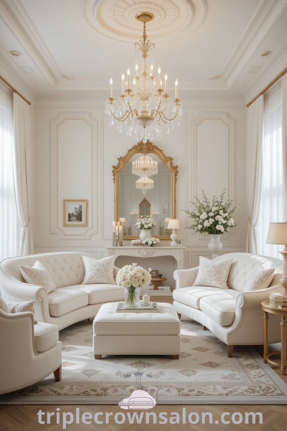 An elegant living room with white furniture and a chandelier, showcasing gold accents in a Paris aesthetic. This romantic house design offers inviting decor ideas, blending luxury with cozy inspirations for your home. Explore more at wellnesswink.com.