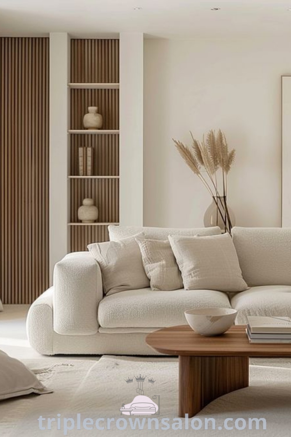 A beautifully decorated living room in beige featuring stylish furniture, a painting above the coffee table, and elements for a cozy aesthetic. This room decor inspires unique ideas for small spaces and showcases design trends for your home at triplecrownsalon.com.