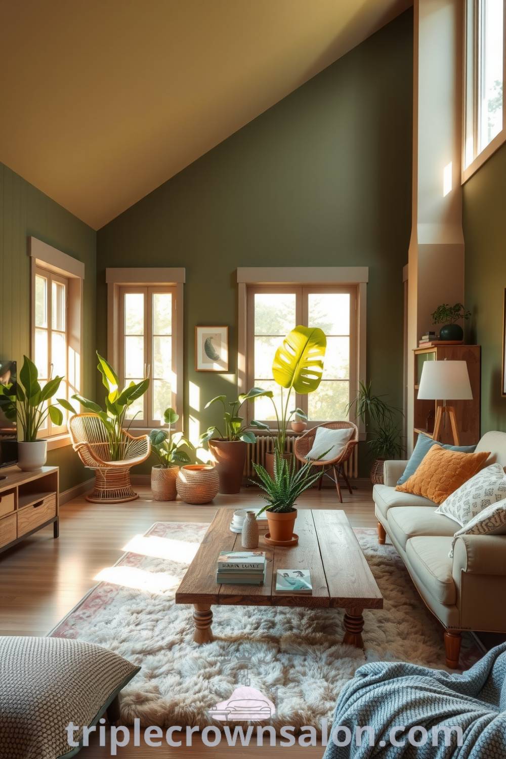 Cozy nature-inspired living room featuring earthy green walls, reclaimed wood furniture, vibrant houseplants, and a plush organic cotton rug, providing inviting decor ideas for your home at triplecrownsalon.com.