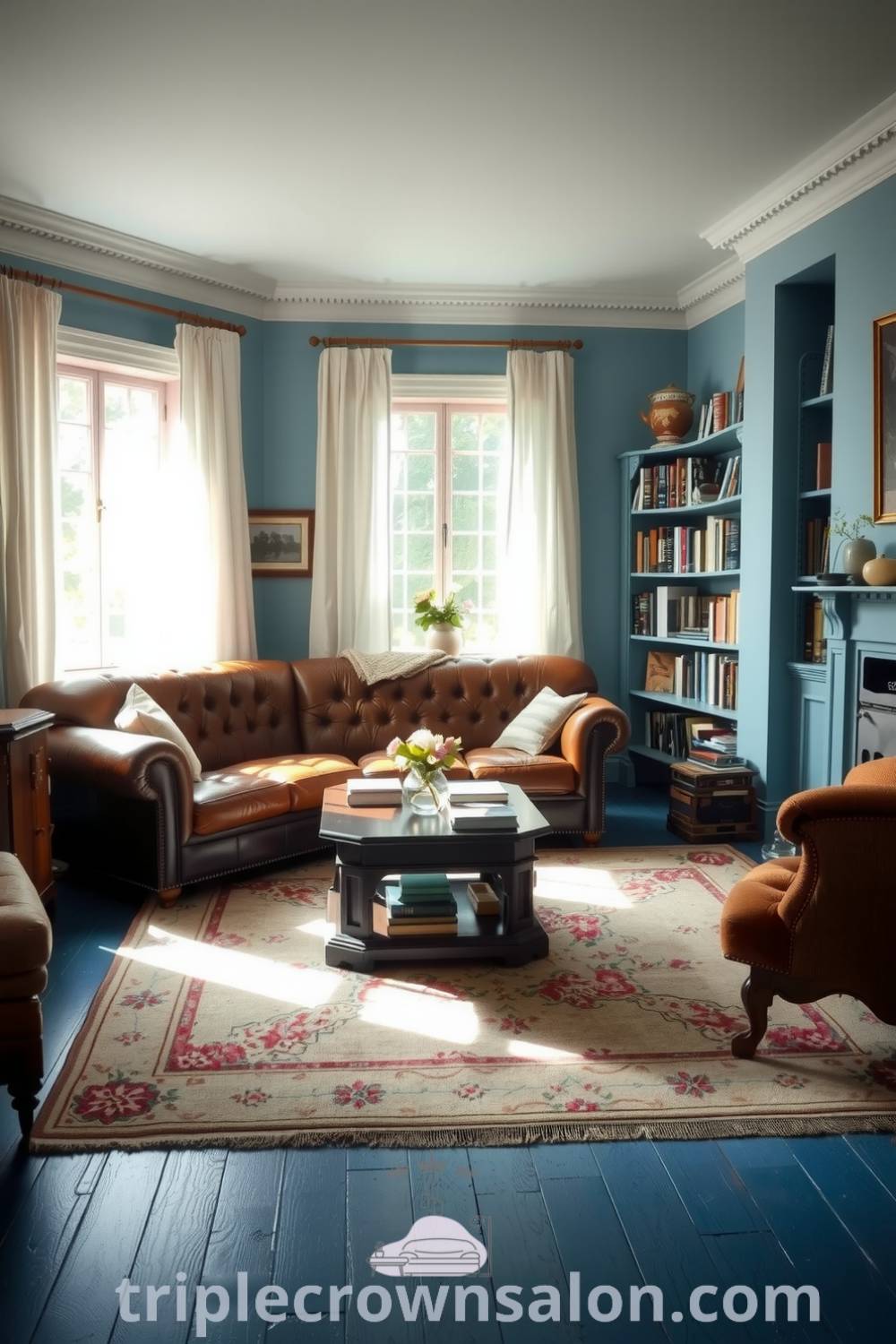 Cozy living room with a leather sofa, wooden coffee table, and sunlight filtering through sheer curtains, enhancing the inviting atmosphere, featuring a bookshelf with books and a crackling fire, offering unique ideas for your home, found at fireplacesandwoodstoves.com.