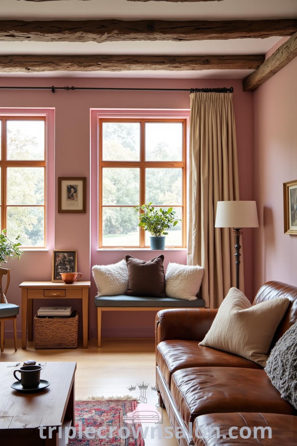 Rustic living room with soft pink walls, exposed wooden beams, a well-worn leather sofa, and a reclaimed wood coffee table, showcasing cozy decor ideas and inspirations for your home at fireplacesandwoodstoves.com.
