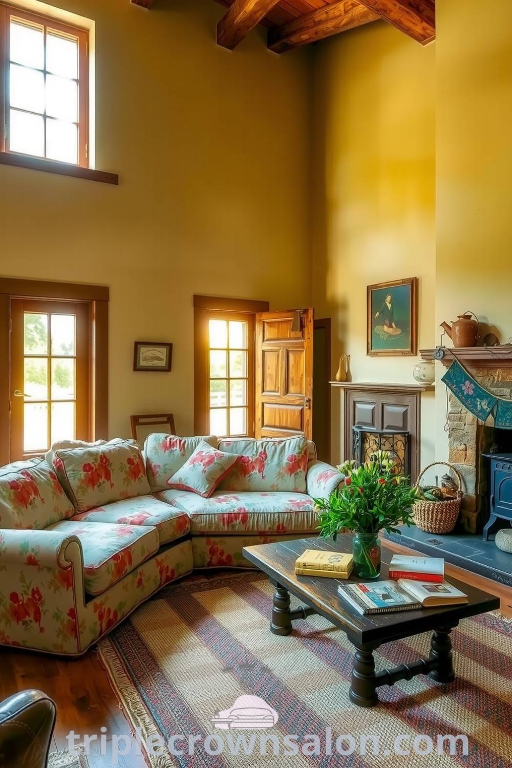 Cozy farmhouse living room featuring warm beige walls, a mismatched floral sofa, a handwoven rug, and rustic wooden beams, creating an inviting atmosphere suitable for relaxation and comfort. Visit triplecrownsalon.com for more cozy decor ideas and inspirations.