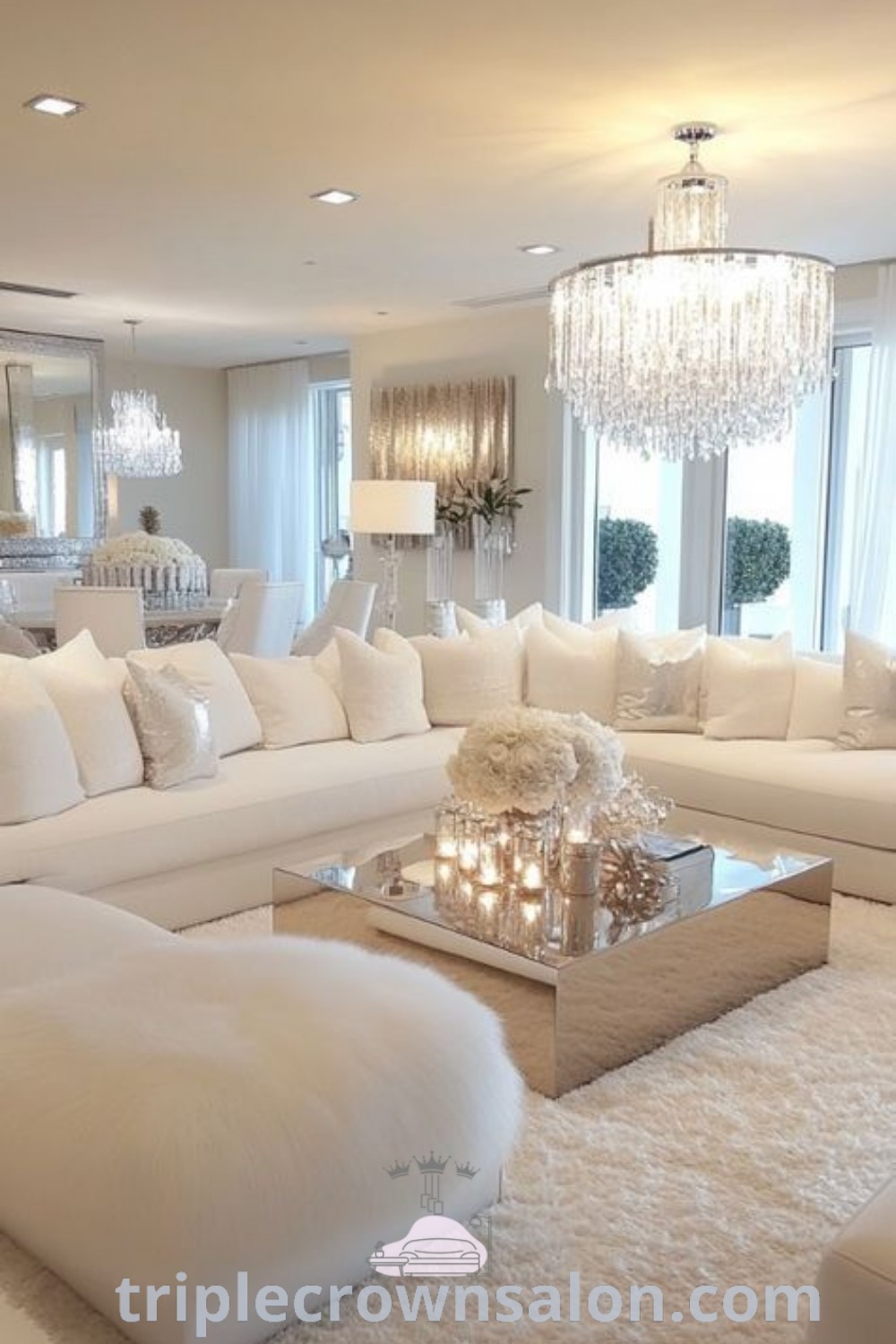 A beautiful living room featuring white furniture, a stunning chandelier, and classy decor. This elegant living room exemplifies glam living and cozy home design ideas, offering unique inspirations for stylish decor at wellnesswink.com.