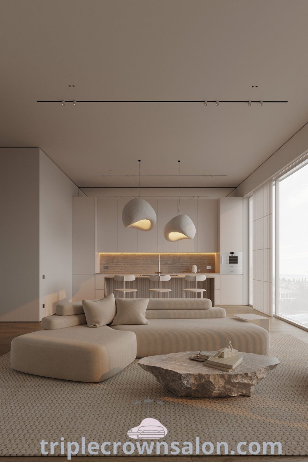 A modern minimalist living room featuring sleek furniture, ample natural light, and uncluttered decor, showcasing cozy ideas and beautifying inspirations for your home. Discover more design ideas and tips for your cozy home at triplecrownsalon.com.