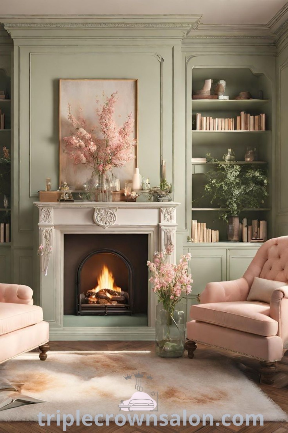 A girly living room featuring cozy furniture, a charming fireplace, and a bookshelf filled with books, inspired by Victorian and luxury design. This space offers unique ideas for a cozy aesthetic home, showcasing elegant decor inspirations perfect for your living room. Discover more design tips at triplecrownsalon.com.
