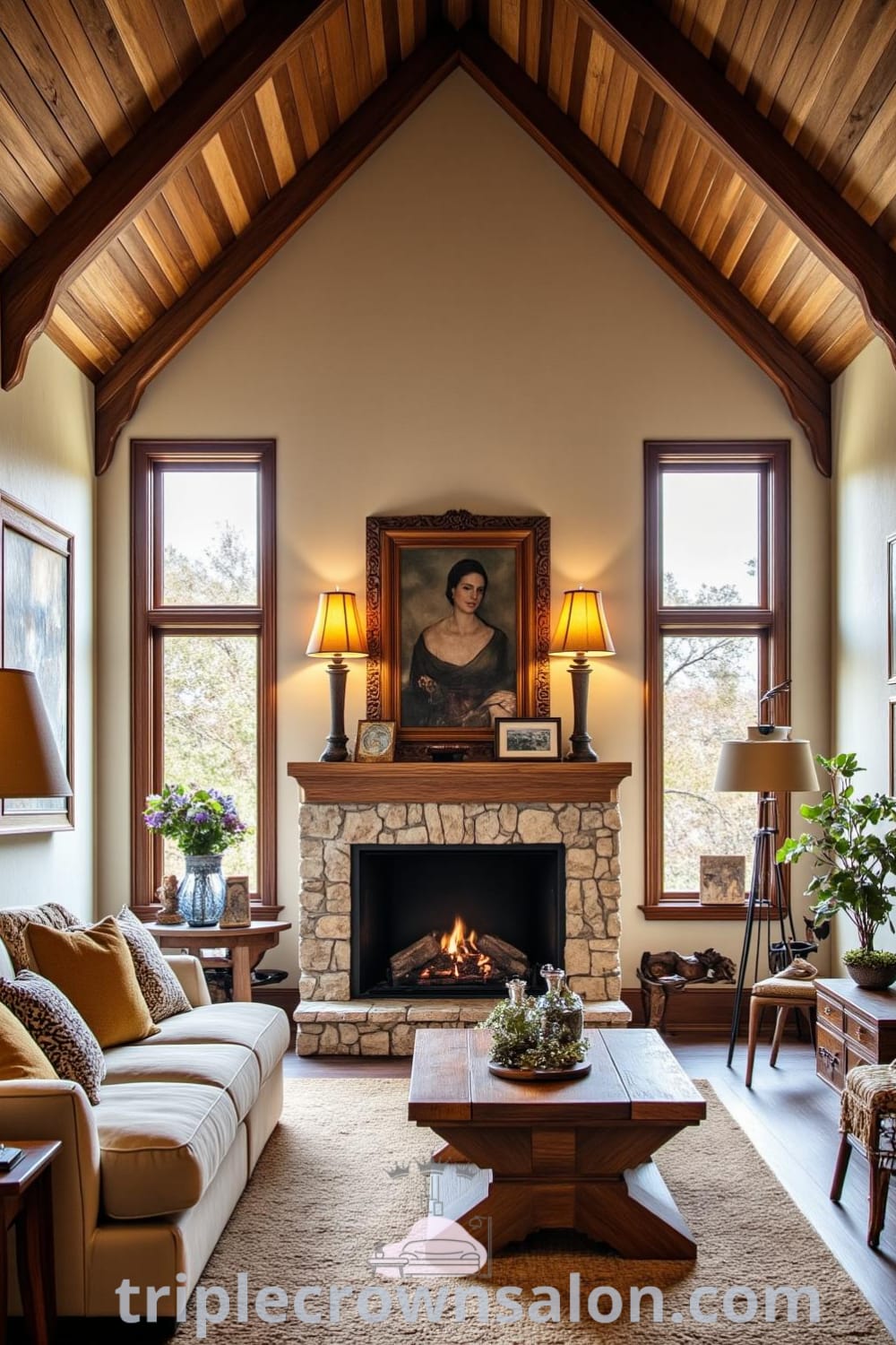 Cozy rustic living room with weathered wooden beams, a sturdy stone fireplace adorned with personal mementos, and a plush sofa in earthy tones, providing a warm and inviting atmosphere for gatherings or relaxation, featuring decor ideas from fireplacesandwoodstoves.com.