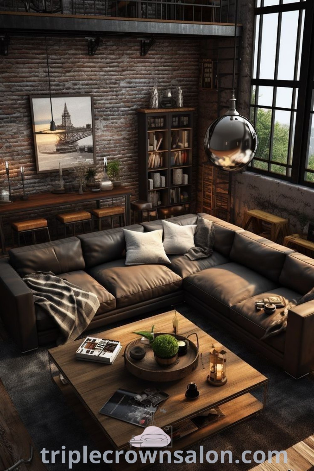 A cozy industrial living room with a large sectional couch and coffee table, showcasing masculine vintage decor and urban loft design elements. The inviting space reflects cozy home inspirations and offers practical ideas for your home. For more unique ideas and decor inspirations, visit triplecrownsalon.com.