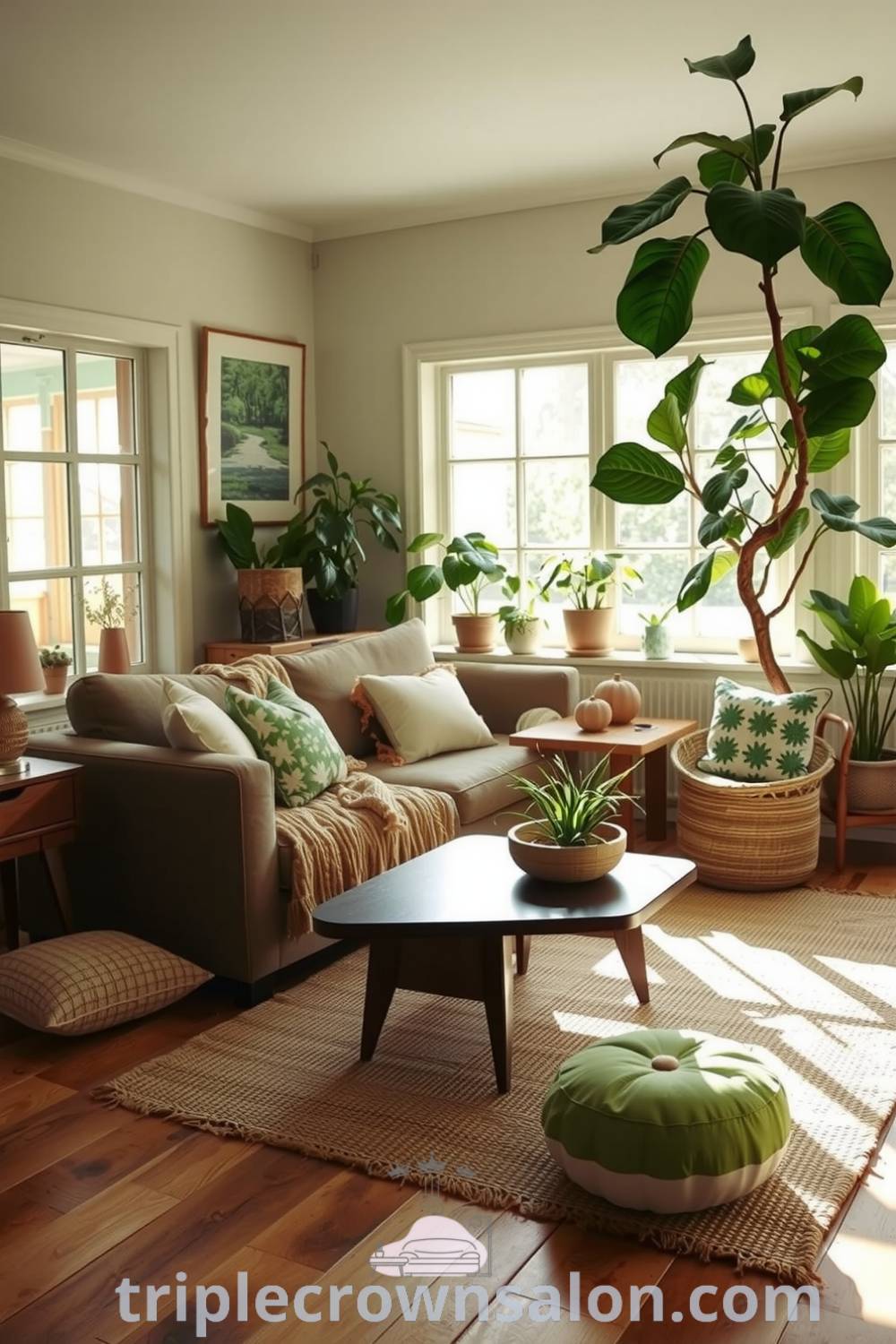 Boho living room with a weathered sofa draped in a knitted throw, surrounded by potted plants and a jute rug, showcasing eclectic cushions and a cozy atmosphere, featuring cozy ideas and unique decor inspirations for your home from fireplacesandwoodstoves.com.