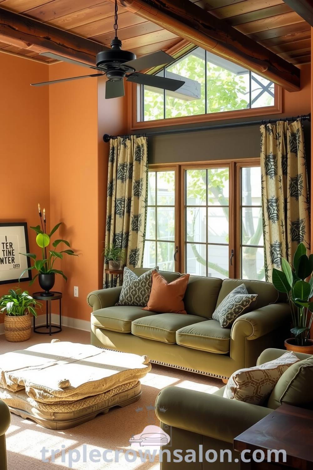 Cozy living room featuring warm earth tones, reclaimed wood beams, a moss-green sofa, a rough stone coffee table, leafy-patterned curtains, and indoor plants in woven baskets, offering inspiring decor ideas for a tranquil and cozy home at triplecrownsalon.com.