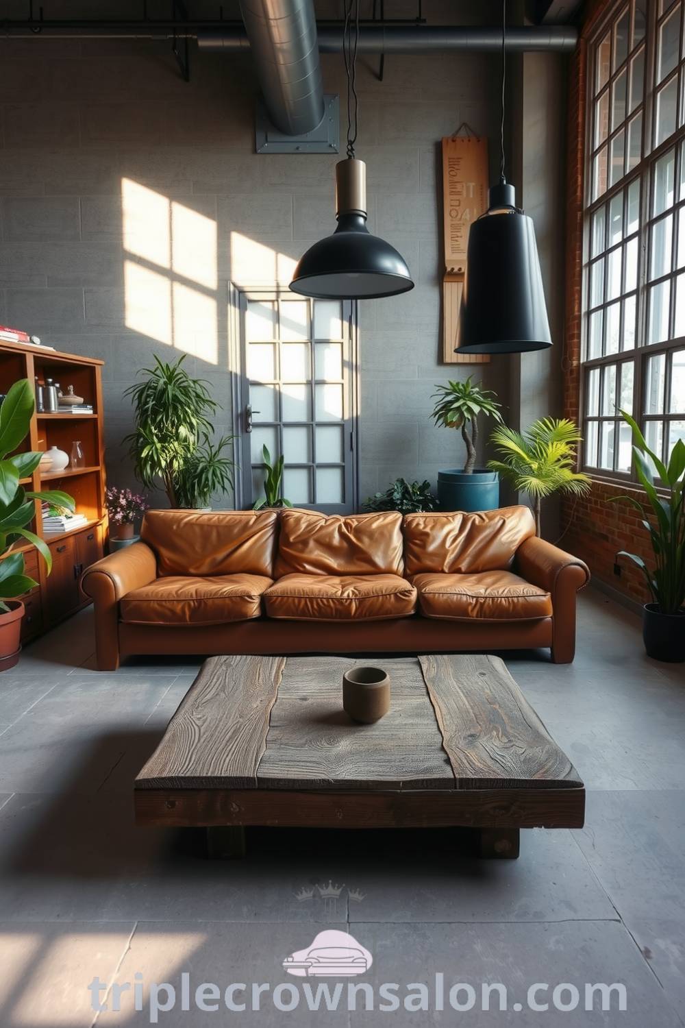 Industrial living room with grey cement walls, oversized leather sofa, reclaimed wood coffee table, large windows, and potted plants, creating a cozy atmosphere perfect for home decor inspiration at triplecrownsalon.com.