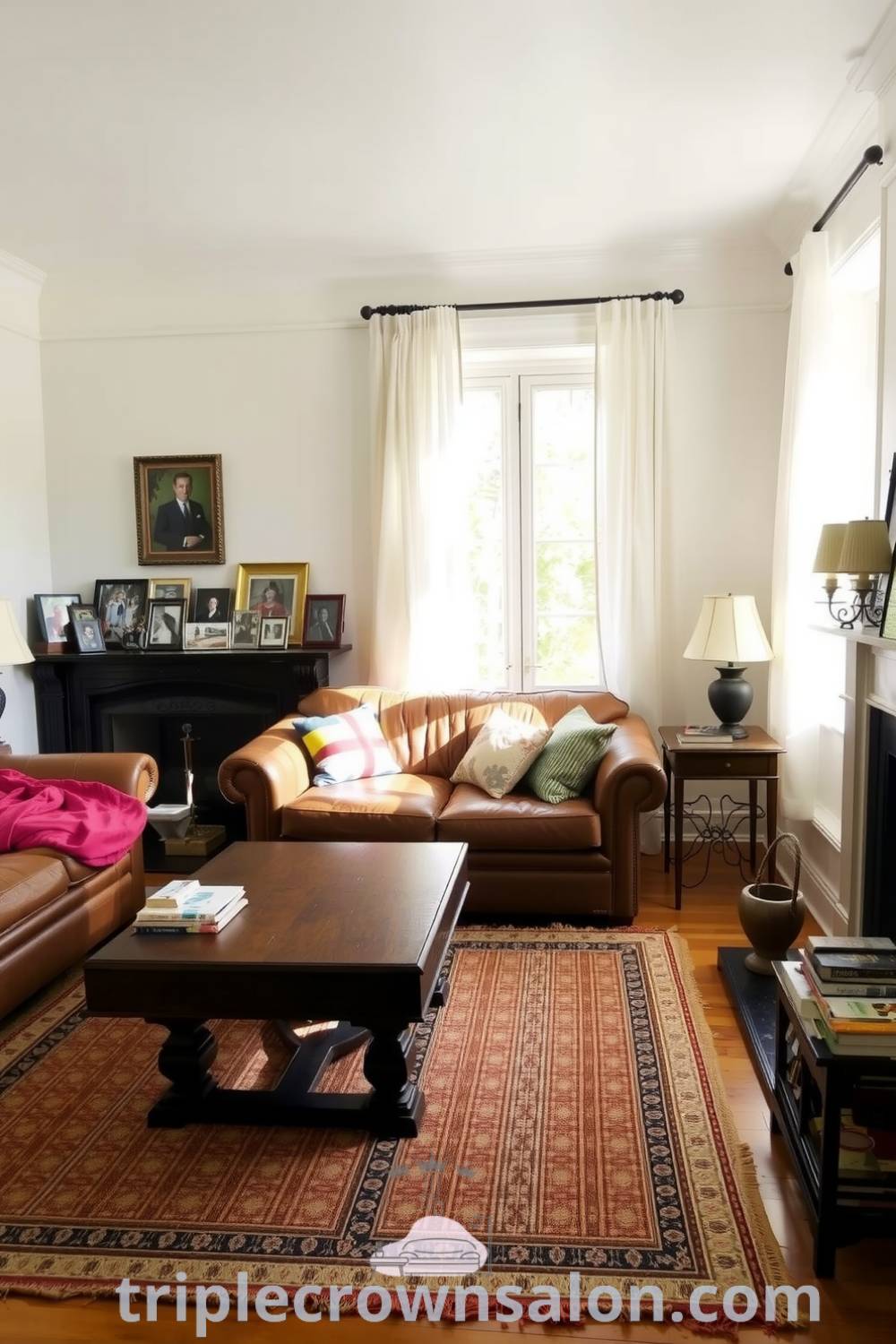 Classic living room featuring a cozy leather sofa, handwoven rug, and framed photographs on the mantel, with sunlight filtering through sheer curtains, showcasing inviting decor ideas for a warm, lived-in atmosphere at fireplacesandwoodstoves.com.