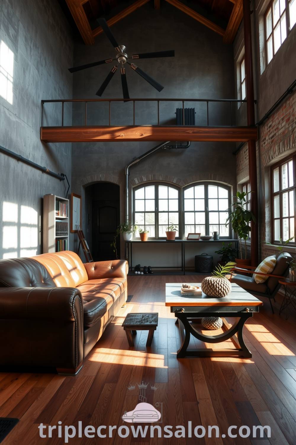 Spacious industrial living room with grey concrete walls, rugged wooden beams, a well-worn leather sofa, an aged metal coffee table, expansive windows, and artfully arranged potted plants, showcasing cozy ideas and decor inspirations for a welcoming home at triplecrownsalon.com.