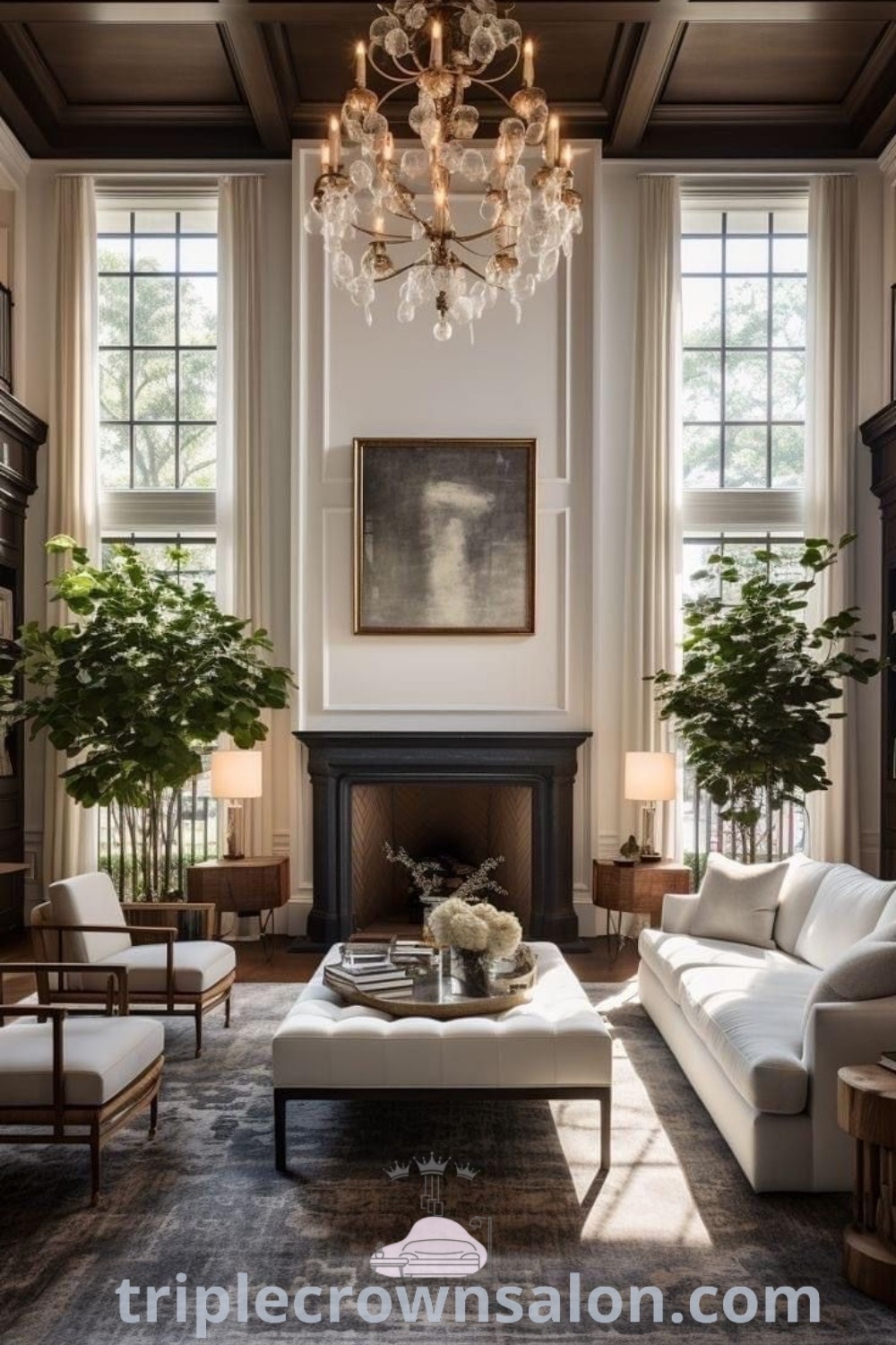 An elegant Southern living room featuring luxurious furniture, a chandelier over the fireplace, and Christmas decorations, showcasing modern traditional decor ideas. Discover inspiring design tips and cozy home inspirations at triplecrownsalon.com.