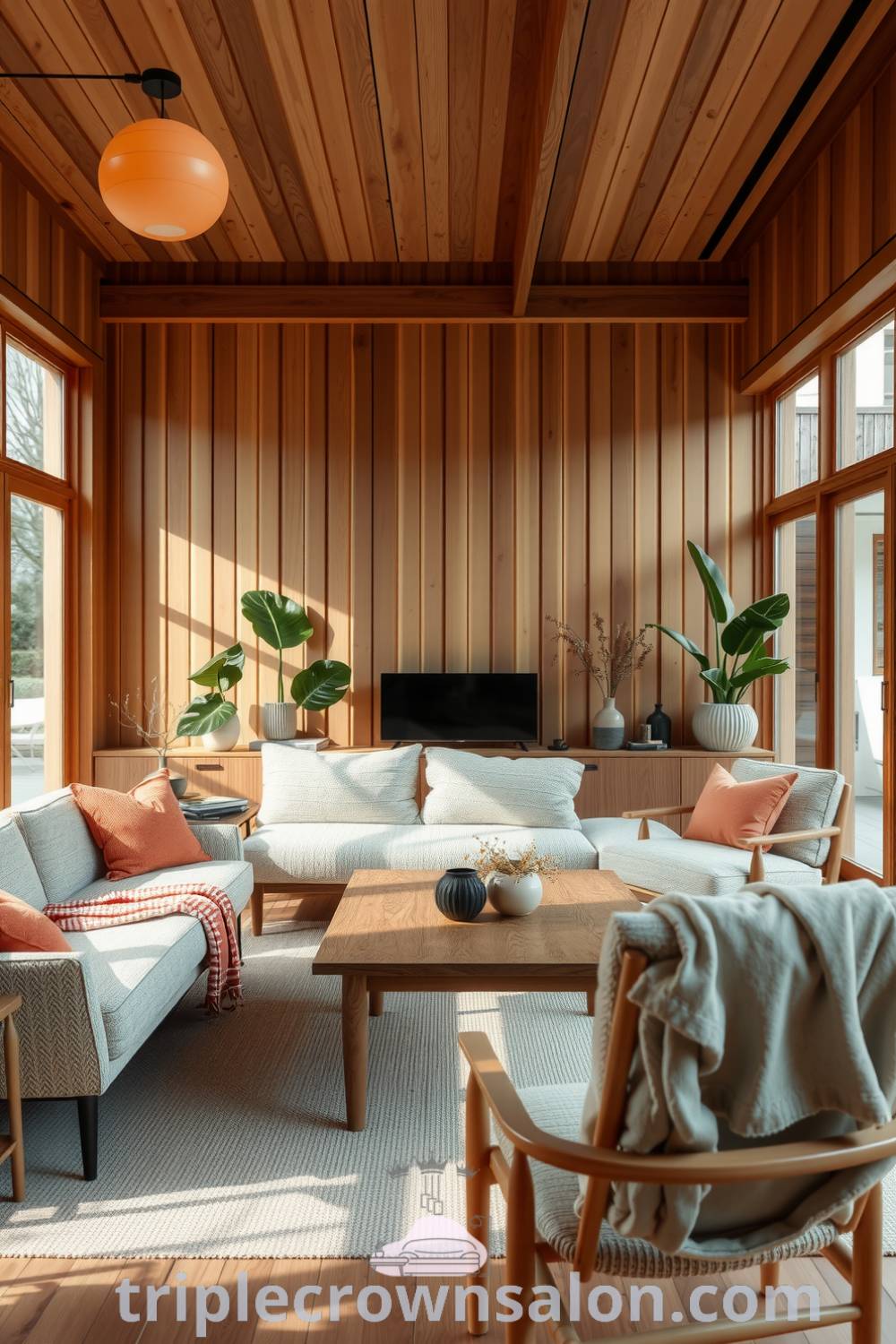Cozy Japandi living room with natural wood elements, plush sofa, muted orange accents, potted greenery, and hand-crafted ceramics, offering design ideas and inspirations for creating a cozy home atmosphere, featured on triplecrownsalon.com.