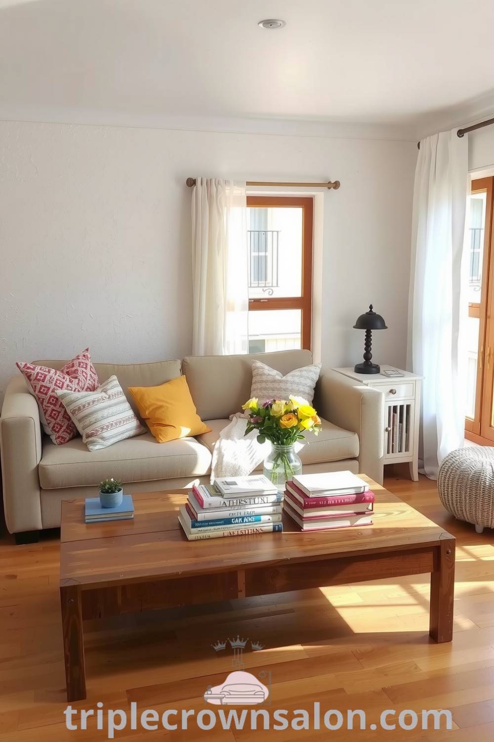 Cozy living room design featuring a beige sofa with colorful throw pillows, a characterful coffee table with books, and fresh flowers under soft sunlight from sheer curtains, creating a warm and inviting atmosphere. Visit fireplacesandwoodstoves.com for inspiring decor ideas.