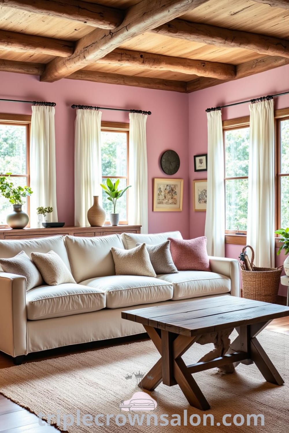 A cozy rustic living room featuring soft pink walls, natural wood beams, a large comfy sofa, a reclaimed wood coffee table, and gentle sunlight filtering through linen curtains, creating an inviting atmosphere for relaxation and inspiring decor ideas at fireplacesandwoodstoves.com.