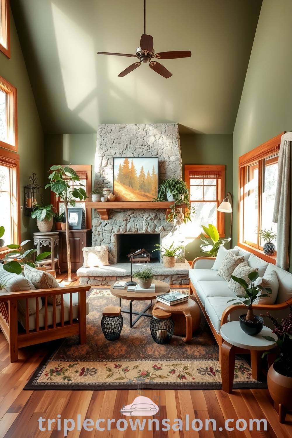 Nature-inspired living room with soft green walls, natural wood furniture, stone fireplace, plants, and linen cushions, showcasing cozy ideas and decor inspirations for creating a welcoming space at home. Visit triplecrownsalon.com for more unique ideas.